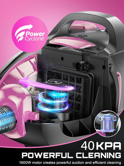 Skiennix Canister Vacuum Cleaner - 40Kpa 1600W Cyclone Power, Lightweight & Bagless, 3.7QT Dust Cup, Pink