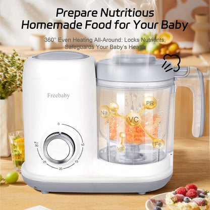 Freebaby 4 in 1 Baby Food Maker, One Step Baby Food Processor, Puree Blender Grinder Mills and Steamer, Baby Puree Maker with Steam Basket, One Button Easy Operation, BPA-Free