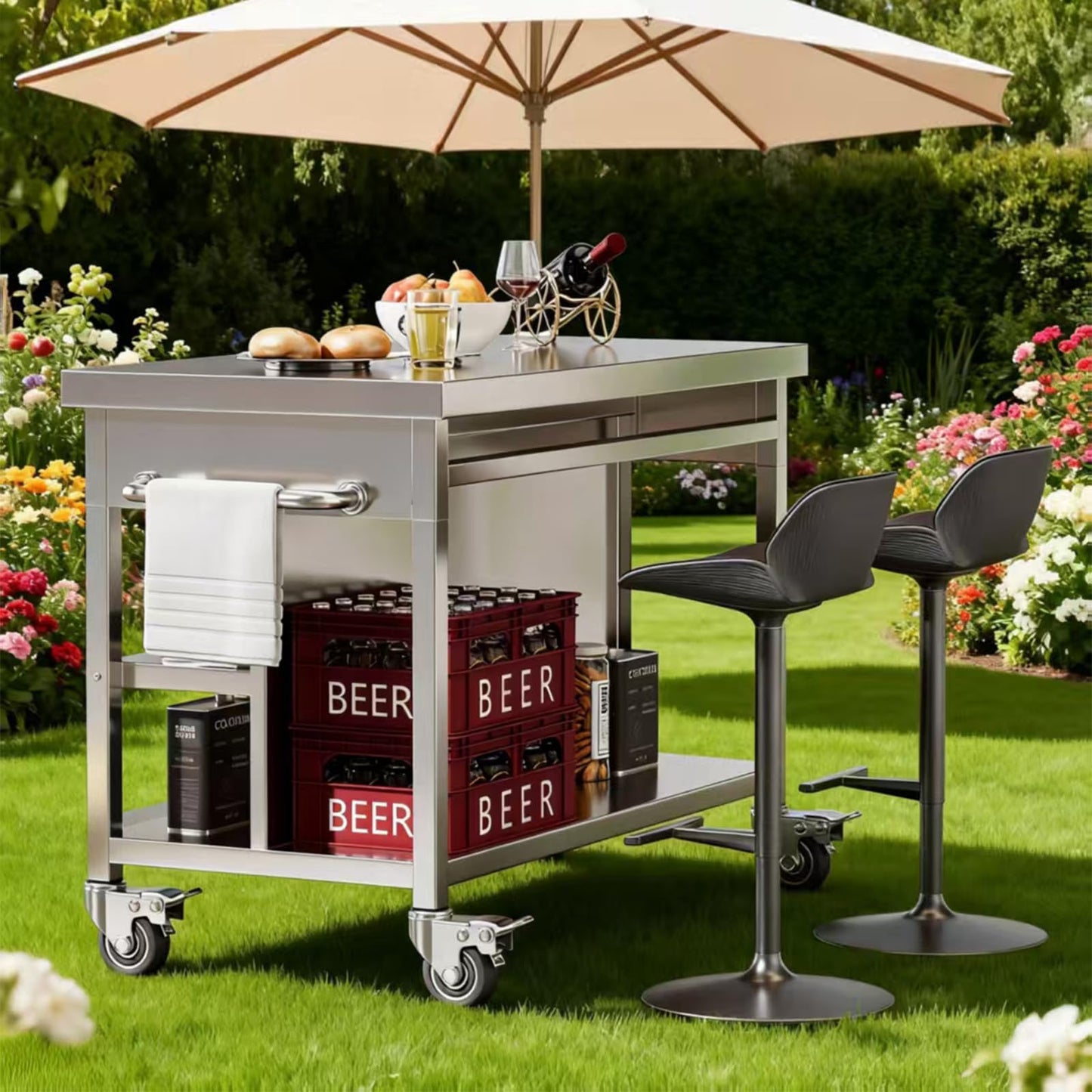 KINGBO 50" Stainless Steel Kitchen Island with Storage, Rolling Kitchen Island Table with 2 Drawers on Wheels, Portable Island Cart for Kitchen, Outdoor, Restaurant, Cafe