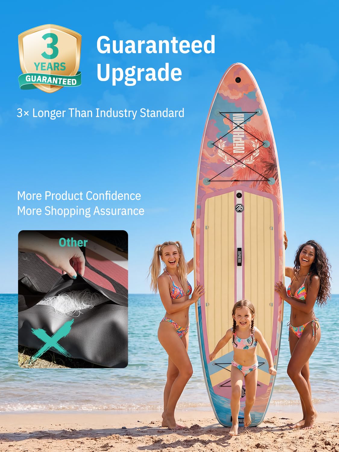 Niphean (Extra Large) Inflatable Paddle Board, SUP for 2+1 People/Family 500lbs Capacity Stand Up Paddle Board with SUP Accessories, StabilTrac Fin Non-Slip Paddleboard for Adults-Cheery