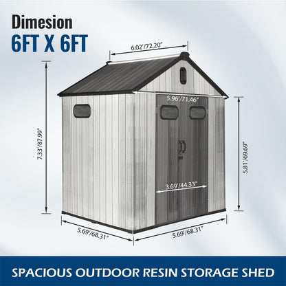 Domi 6x6Ft Resin Outdoor Storage Shed, Small Plastic Garden Shed with Carpet, Outside Weatherproof Storage Building for Tools, Bike, Lawn Mower, Patio, Backyard