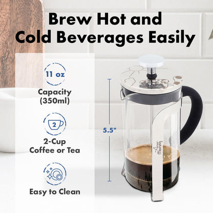 Any Morning 11 oz French Press Coffee and Tea Maker, Silver with Triple Stainless Steel Filters & Borosilicate Glass