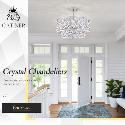 20'' Modern 6-Light Chrome Crystal Pendant Chandelier, Luxury Round Semi Flush Mount Ceiling Light for Living Room, Dining Room, Kitchen, Foyer, Bedroom