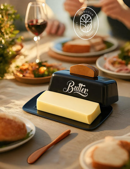 Black Butter Dish with Lid and Knife，Black Butter Tray，Ceramic Butter Holder for Counter Humanized Clamp-able Knife Handle Design Perfect for East West Coast Butter