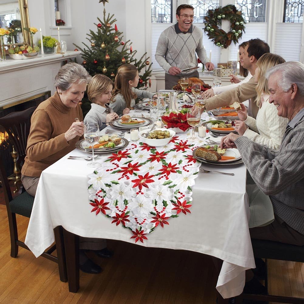 OurWarm Christmas Table Runners, Embroidered Poinsettia Holly Leaf Table Linens, 15 x 70 Inch