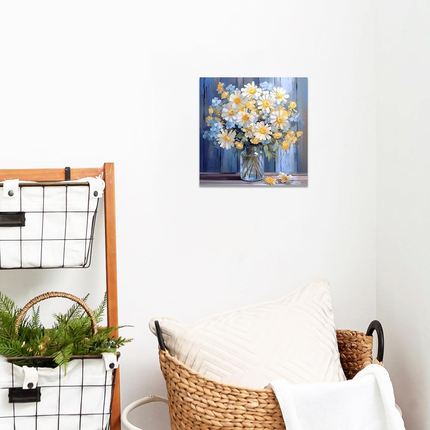CCWACPP Bathroom Floral Wall Art, Daisy Yellow and White Flowers in Bottle Canvas Picture Print for Bedroom Decor