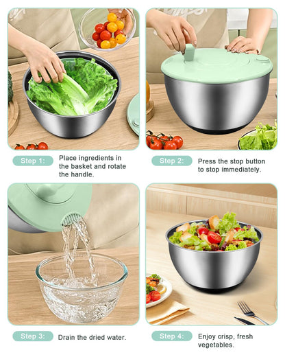 VVAKAM 5.3QT Salad Spinner Large,Stainless Steel Lettuce Spinner,Fruit Vegetables Wash Bowl with 5 Blade Slicer,Egg Yolk Strainer Slicer Shredder,Kitchen Colander for Salad Make and Food Washing