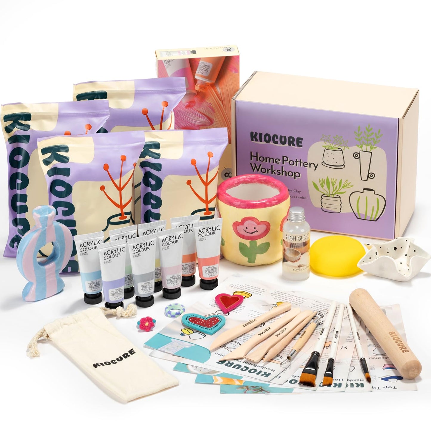 Kiocure Air Dry Clay for Adults, Pottery Tool Kit, DIY Kits for Adults with Air Dry Clay Paint & Varnish, Pottery for Beginners at Home