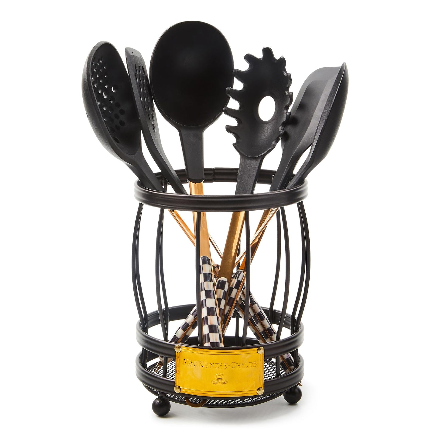 MACKENZIE-CHILDS Utensil Caddy Set with Kitchen Utensils, Black-and-White Courtly Check
