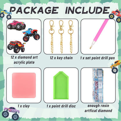 Thinkday 12 Pcs Trucks Diamond Art Kits for Kids Painting Keychainsdiy 5d Acrylic Truck Diamond Art Key Chains for Adults Vehicle Rhinestone Hanging Pendants for Beginners Bags