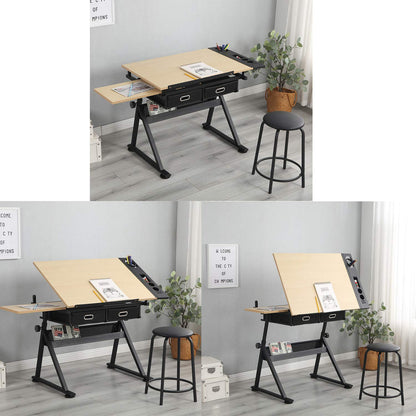 4everwinner Height Adjustable Drafting Desk Drawing Table Tiltable Tabletop with Stool and 2 Storage Drawer for Reading, Folding Draft Table Painting Writing Art Craft Desk Work Station (Wood)
