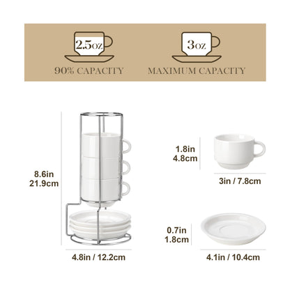 MALACASA 2.5 OZ Porcelain Espresso Cups with Saucers and Metal Stand Set of 4, Stackable Cappuccino Cups, White Expresso Shots Cup Set for Coffee Drinks, Latte, Tea