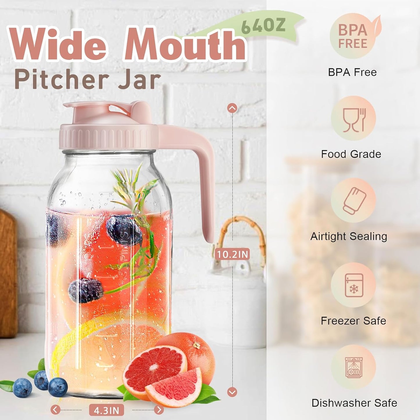 2 64 oz Mason Jar with Pour Spout Lid V-shaped, Quart Iced Tea Pitcher Double Leak Proof, Drink Pitcher for Breastmilk