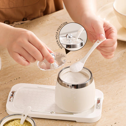 shuqiao Porcelain Condiment Jar Spice Container with Lid - Ceramic Spoon, Plastic Tray is the best clay pot for your home, kitchen, counter. White, 280 ml (9.4 oz), 2-piece set (3, Square)