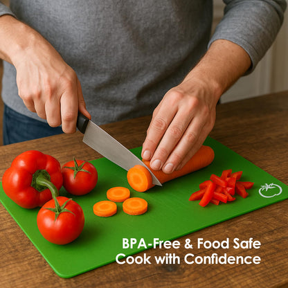EMMANA - Plastic cutting board for kitchen. Set of 8 – 6 Color-Coded Flexible Plastic Mats with Food Icons + Peeler & Microfiber Towel – BPA-Free, Non-Slip Back, Dishwasher Safe, Durable & Non-Porous