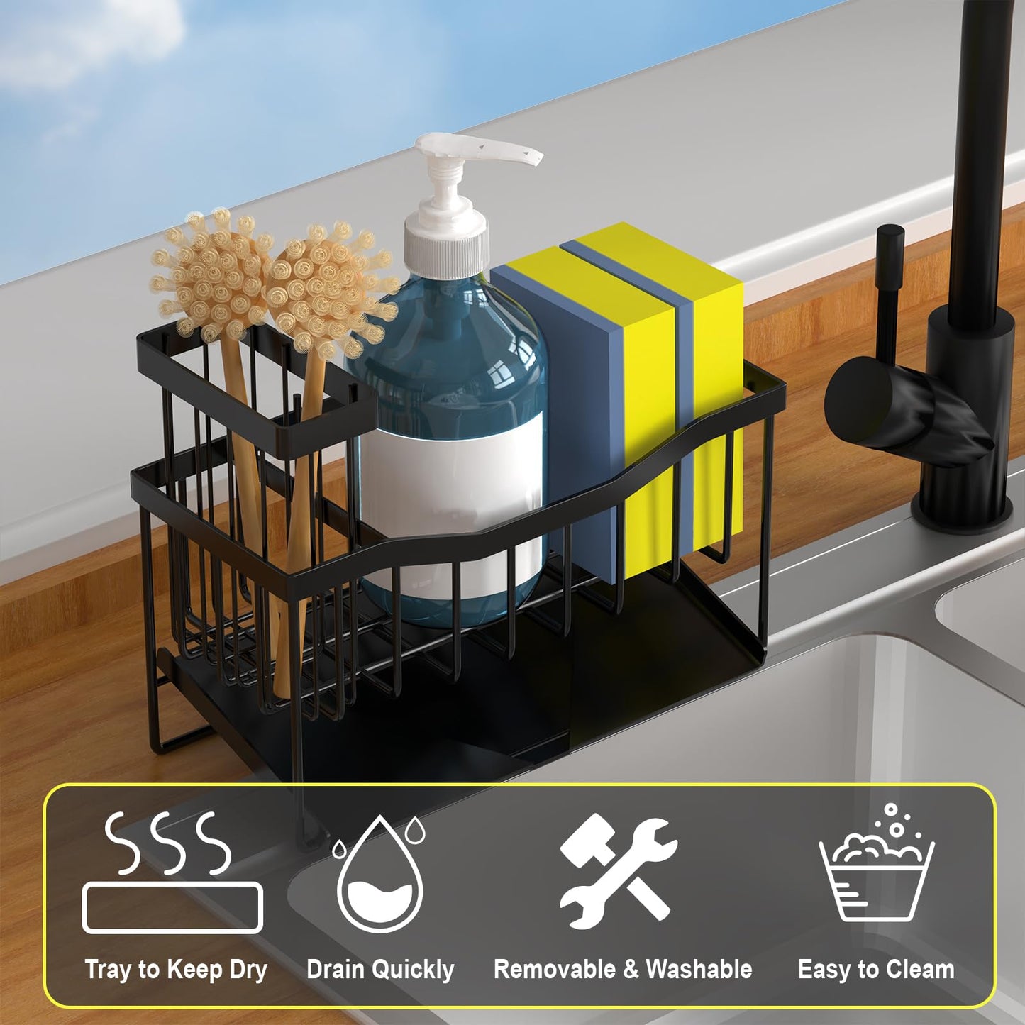 Fssvcd Maifan Sink Caddy Sponge Holder for Kitchen with Brush Holder and Stainless Steel Self Drain Tray, Rustproof Kitchen Sink Organizer for Sponge, Soap Dispenser Storage Accessories
