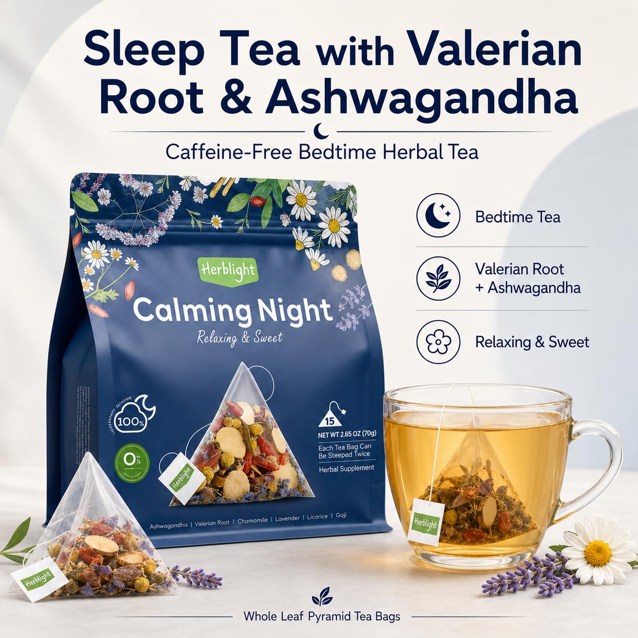 Herblight Sleep Tea with Valerian Root & Ashwagandha, Caffeine Free Bedtime Tea, Night Time Tea for Sleeping, Cortisol Calm Herbal Tea, Whole Leaf Pyramid Tea Bags, 25 Count