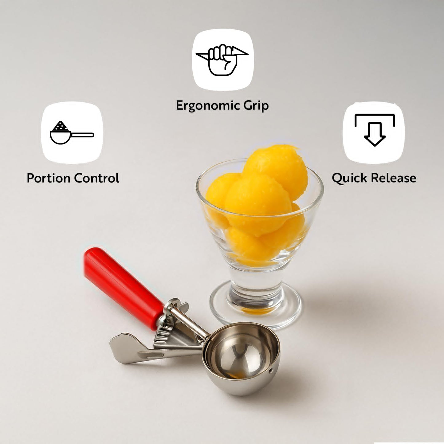 Restaurantware Met Lux 8 Ounce Portion Scoop 1 Durable Disher Scoop - Thumb Trigger Orange Stainless Steel Ice cream Disher For Portion Control For Ice Cream Mashed Potato And Cookie Batter