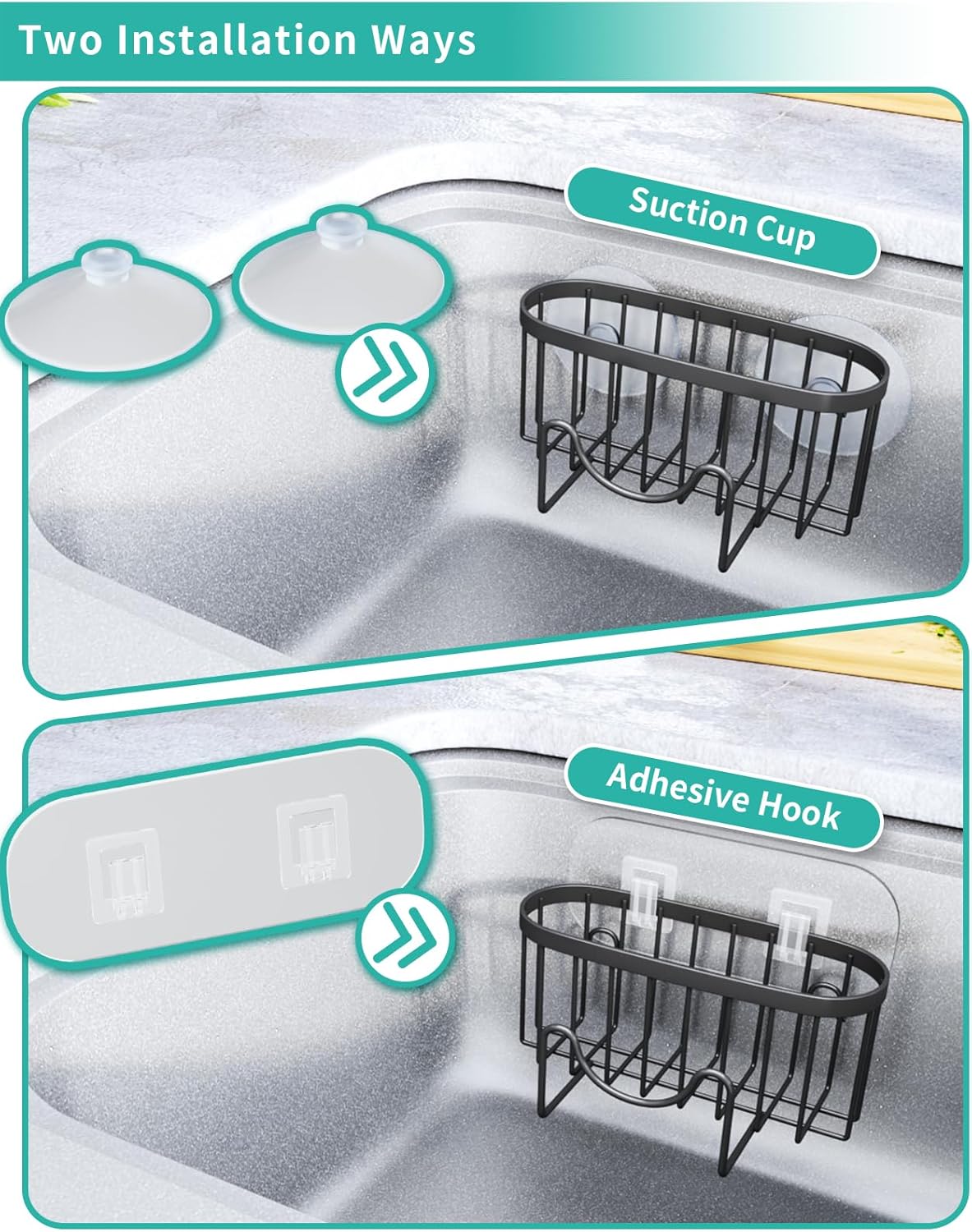 2 HapiRm Multifunctional Sponge Holder with Unique M-Shaped, Installation Methods Kitchen Sink Caddy Organizer
