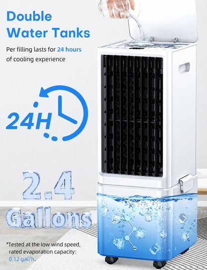 COOLECH Windowless Air Conditioner w/4 Mode&3 Speed, Waterless Alert, 2.4-Gal Tank for 24H Cooling, 12H Timer,20FT Remote, 70° Auto Swing Evaporative Air Cooler, Portable Air Conditioners for Bedrooms