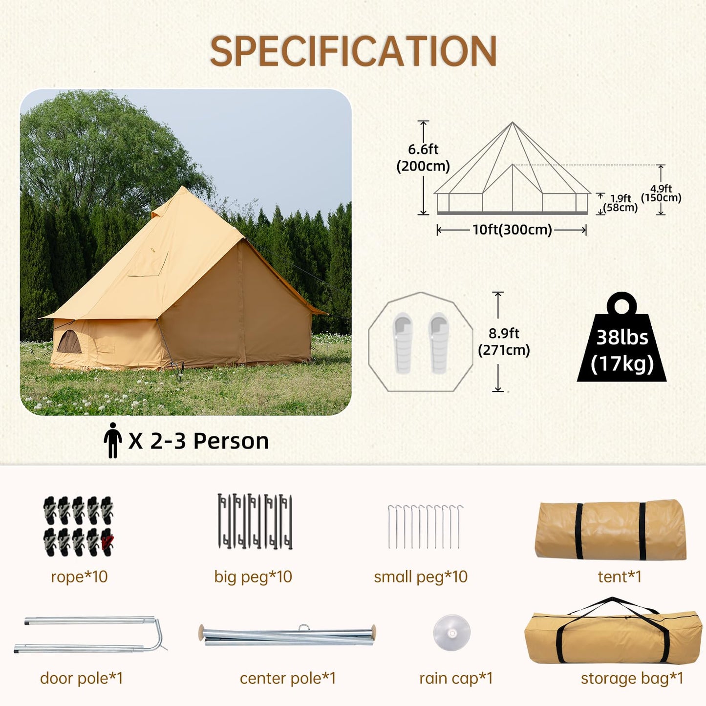 WaldZimmer Canvas Bell Tent 10ft Ginger with Stove Jack and Zipped Removable Floor, Luxury Outdoor Glamping Yurt Cotton Tent for Family Truck Car Camping Hunting Party
