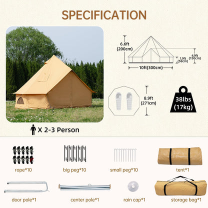 WaldZimmer Canvas Bell Tent 10ft Ginger with Stove Jack and Zipped Removable Floor, Luxury Outdoor Glamping Yurt Cotton Tent for Family Truck Car Camping Hunting Party