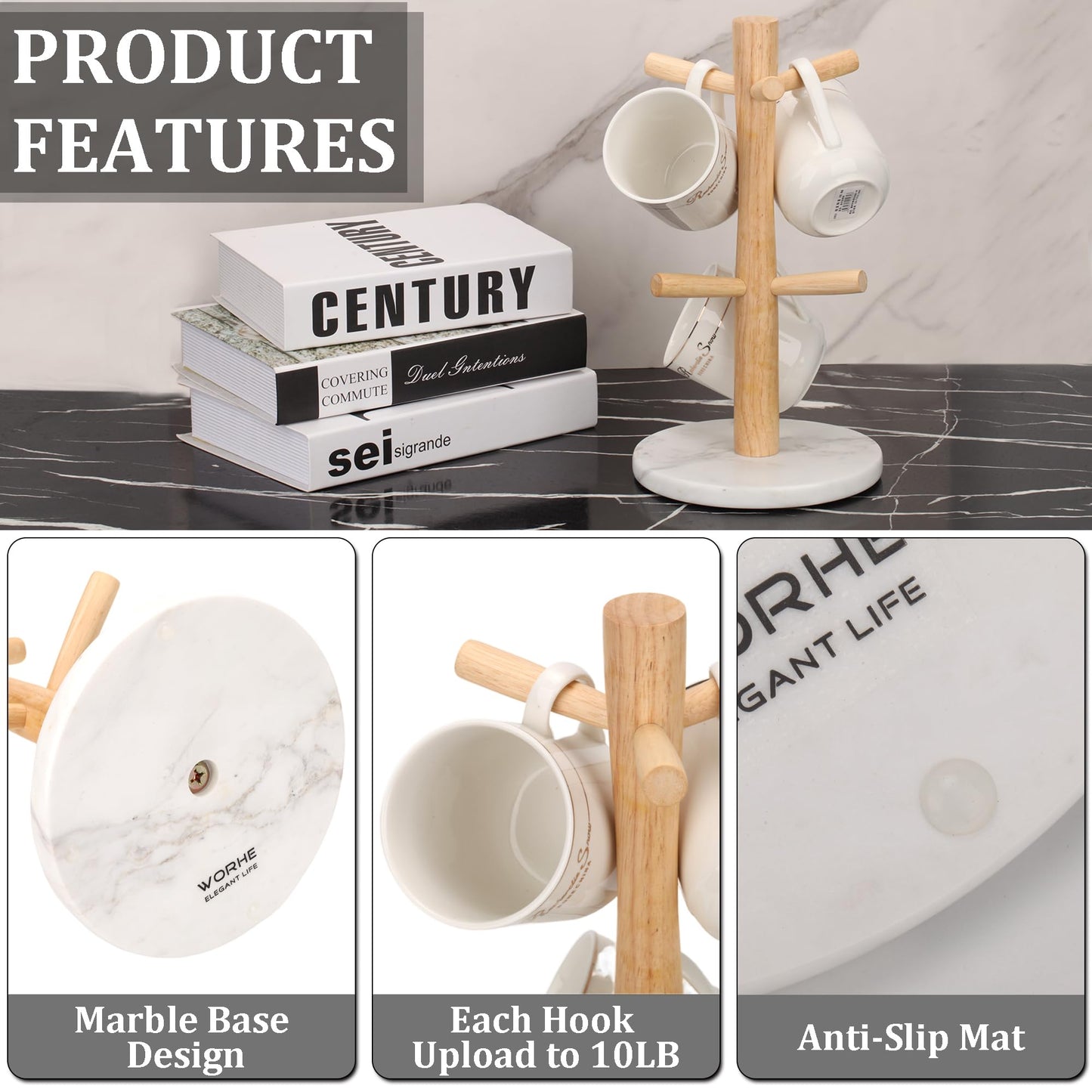 WORHE Mug Holder Marble Base with 6 Hooks Coffee Cup Rack Organizer for Countertop, Round Mugs Stand Hanger for Kitchen Counter Cabinet Bar Accessories and Home Decor White (MH001)