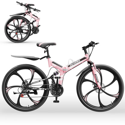 Outroad 26 Inch Folding Mountain Bike for Adults/Men/Women, 21 Speed Full Suspension High-Carbon Steel MTB Foldable Bicycle, Dual Disc Brake Non-Slip Folding Bikes, Pink