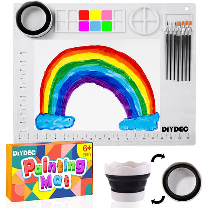 DIYDEC Silicone Craft Mat for Kids 20X16 Inch Large Painting Mat with Detachable Cup &10 Painting Brushes Silicone Art Mat for Adult DIY Gift Accessories (White)