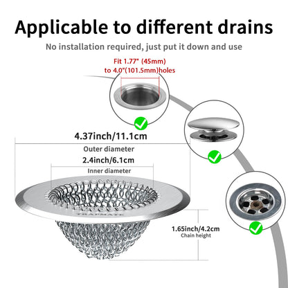 TRAPMATE 2 Pack Bathroom Sink Drain Strainer, 4.4" Fast Drainage Shower Drain Hair Catcher, Anti-Slip Bathtub Drain Hair Catcher, Stainless Steel Shower Drain Cover for Tub, Sink (Patented Product)