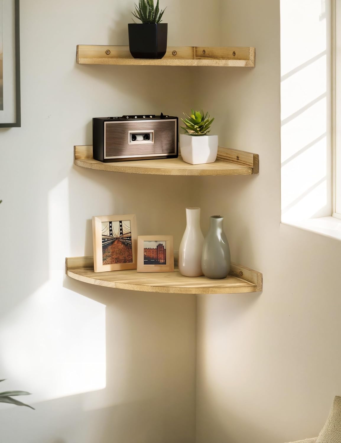 12x12 Inch Corner Shelves Wall Mount, Farmhouse Rustic Corner Floating Shelf with Cord Hole, Wooden Storage Organizer