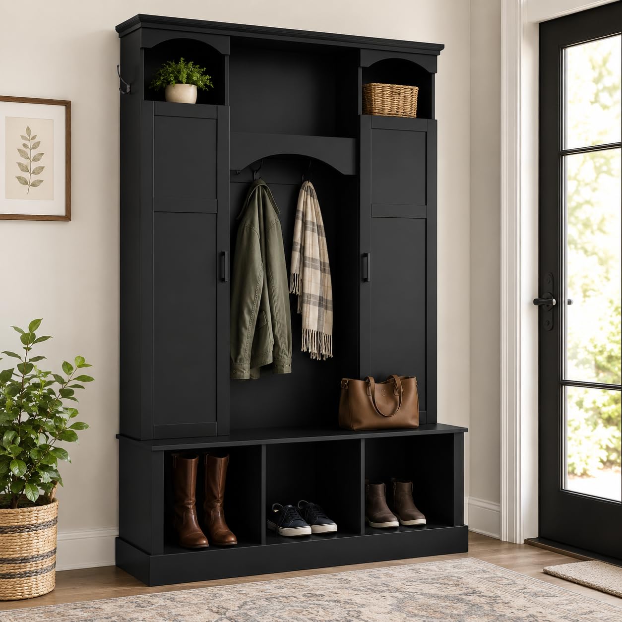 FILWY ON-Trend Modern All-in-One Hall Tree with Adjustable Shelves, Classic Arched Farmhouse Storage Bench with Dual Side Cabinets, Elegant Entryway Organizer with 7 Hooks for Mudroom, Hallway