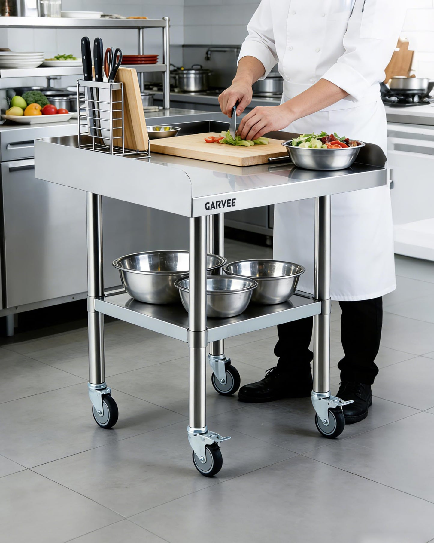 GarveeHome 30x36 Inch Stainless Steel Work Table with Wheels, Commercial Food Prep Table with 3-Sided Fixed Backsplash & Height-Adjustable Undershelf, Heavy-Duty Workbench for Restaurant Garage