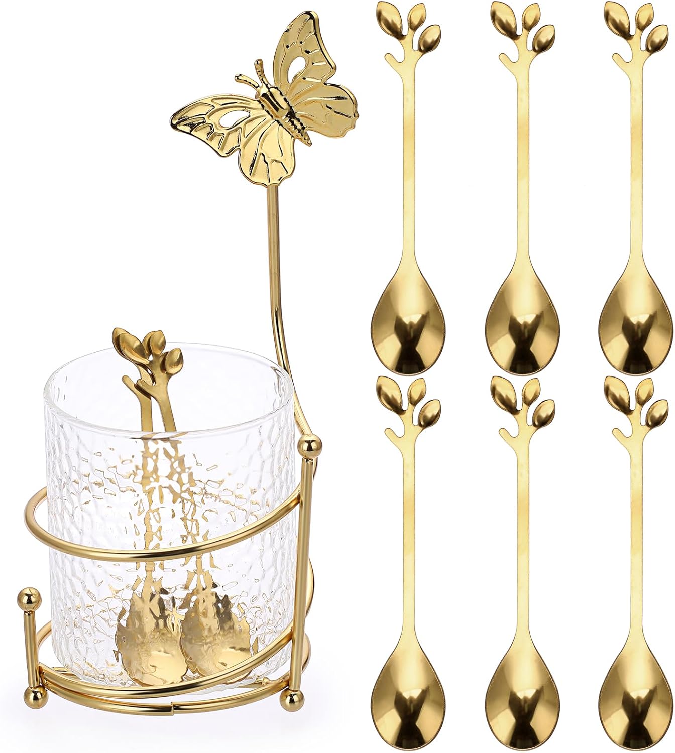 ELLDOO Coffee Spoon Set with 8 Gold Leaf Stainless Steel Spoons and Clear Glass Holder for Mixing