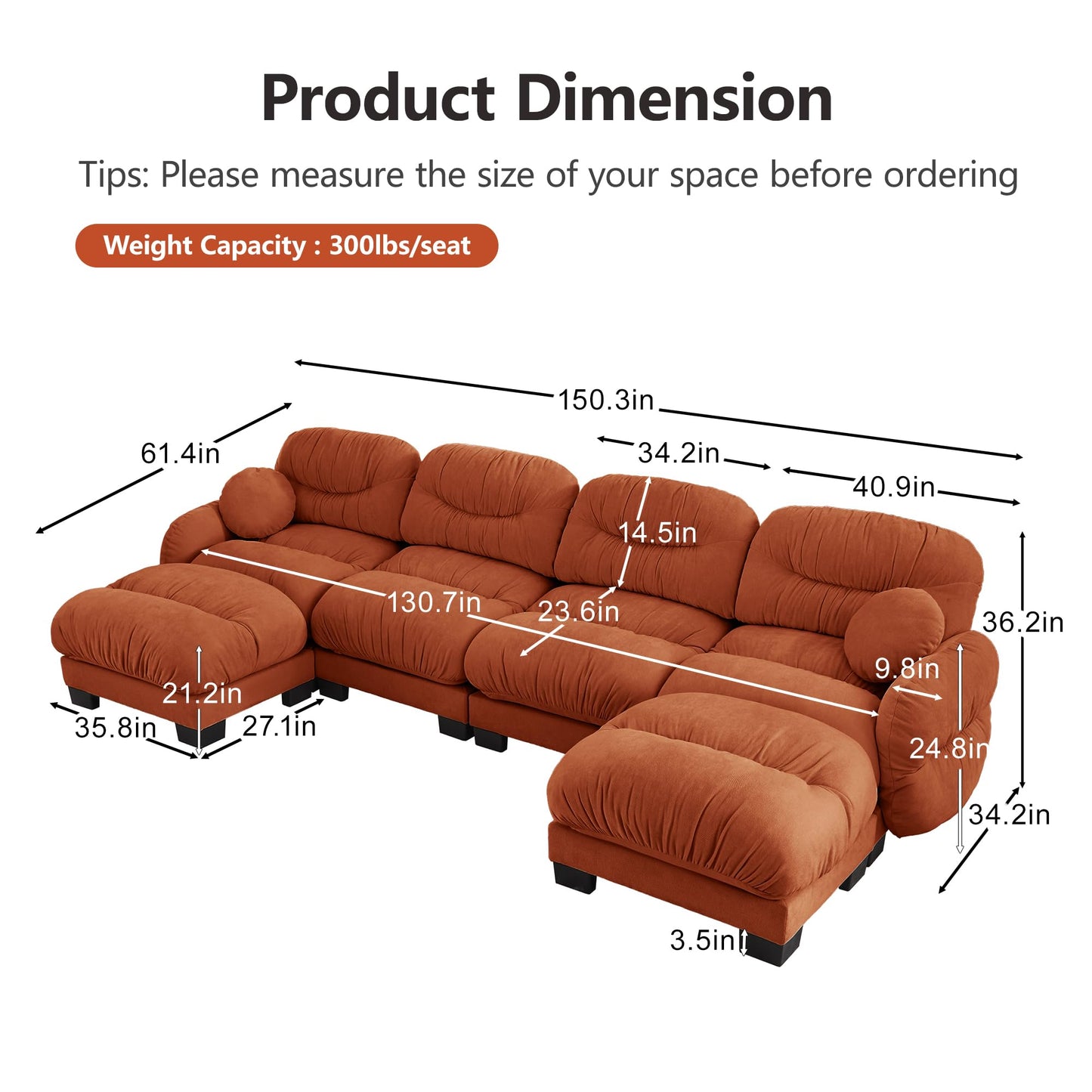 KEIKI 150" Cloud Modular Chenille Sectional Sofa Couch for Living Room, 4-Seat Sofa with Two Ottomans, Cloud-Like Plush Backrest Design, Requires Assembly, Ideal for U-Shape Spacious Home, Orange