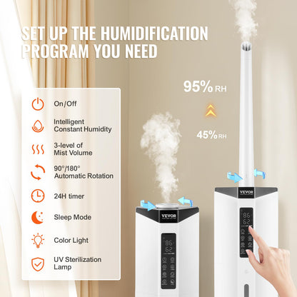 VEVOR Humidifier for Home Large Room, Commercial Humidifier for Whole House 1291.7 sq ft, 16L Water Tank & Night Light & 12h Timer & Auto Shut-Off, Greenhouse, Commercial Branch Tube w/ 360° Nozzle