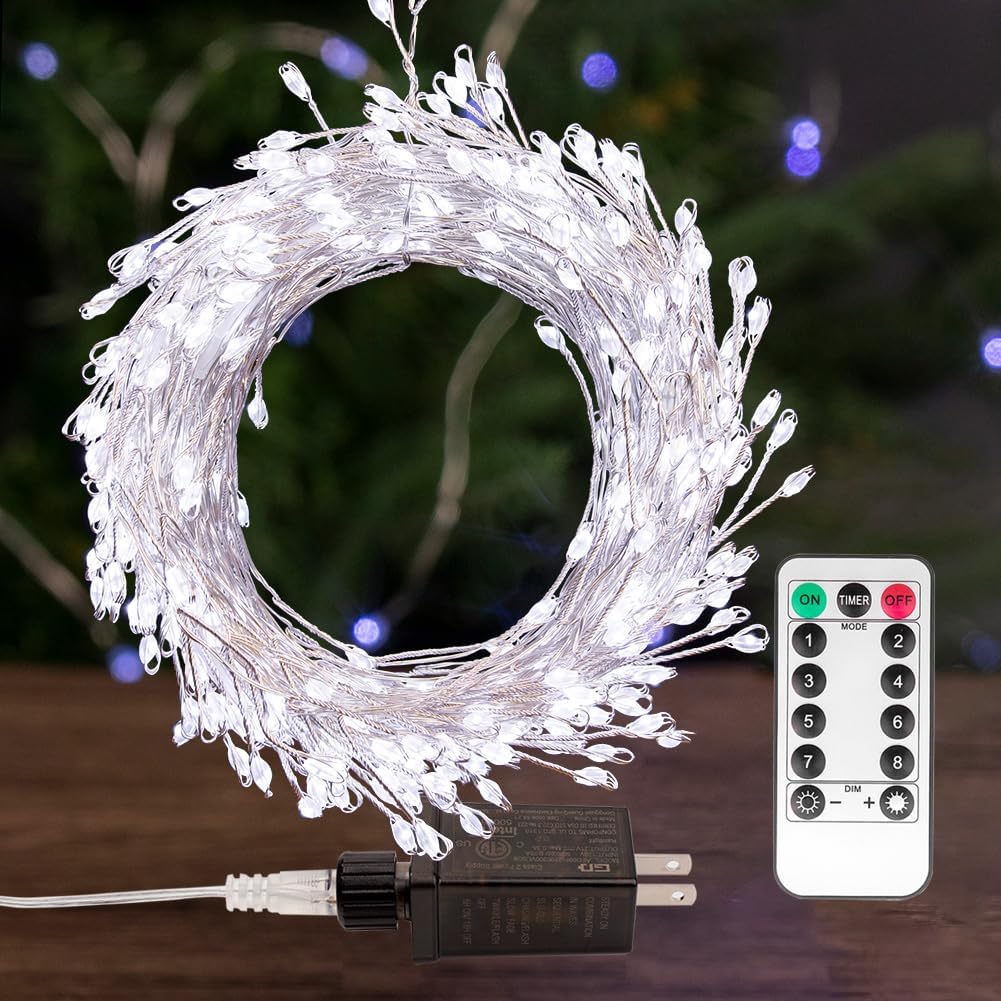 20 200LED Fairy Lights Plug in, Feet Cool White Silver Wire Firecracker Firefly Lights with Remote, Waterproof Copper