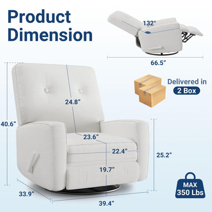 GarveeHome Recliner Chairs, Swivel Rocker Recliner, Glider Recliner Nursery Chair, Recliner Chair for Adults, 360°Swivel Glider Rocking Chair for Living Room, Bedroom, Office, Linen, White