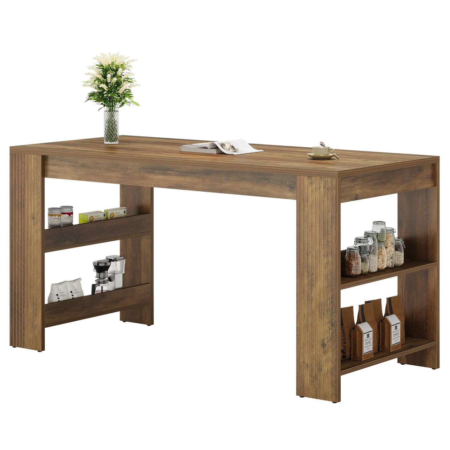 Tribesigns 63-Inch Bar Table, Farmhouse Counter Height Pub Table with Storage Shelves, High Top Bar Unit for Kitchen, Dining Room, Bistro, Rustic Brown
