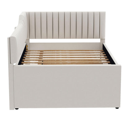 Merax Full Size Upholstered Wood Daybed Extendable Sofa Bed with Trundle and Three Storage Drawers for Living Room Guest Room, Beige