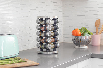 Orii 20 Jar Rotating Spice Rack with Spices Included & 5-Year Free Spice Refill Program – Stainless Steel Revolving Countertop Spice Rack with 3 oz Glass Jars