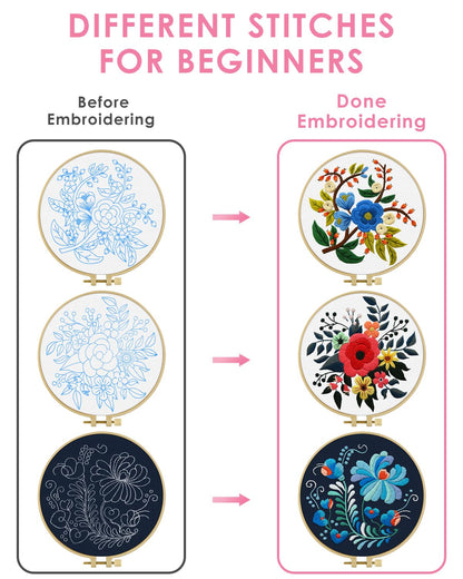 TINDTOP 3 Sets Embroidery Kit for Adults, Floral Embroidery Practice Kit for Beginners Include Embroidery Cloth Hoops Threads for Craft Lover Hand Stitch with Embroidery Skill Techniques