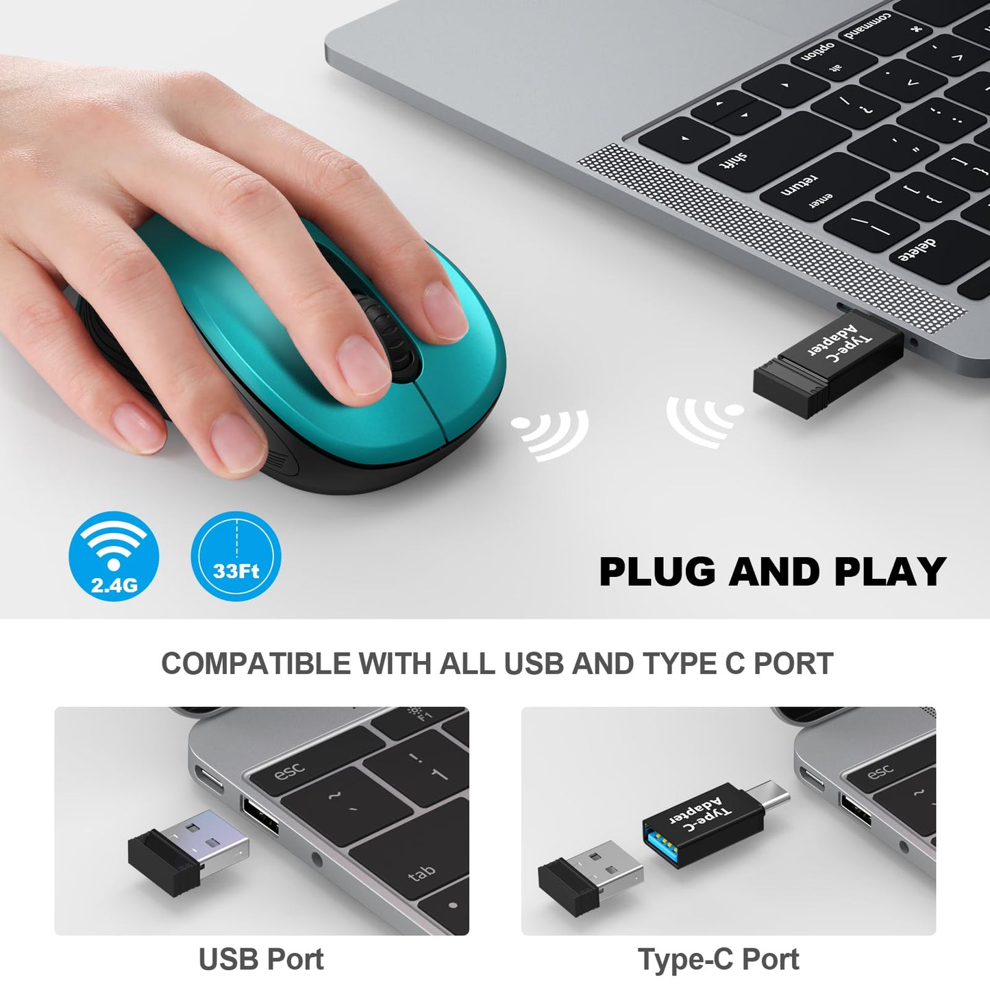WisFox 2.4G Wireless Mouse for Laptop, Ergonomic Computer Mouse with USB Receiver and 3 Adjustable Levels, 6 Button Wireless Mice for Windows Mac PC Notebook (Grey)