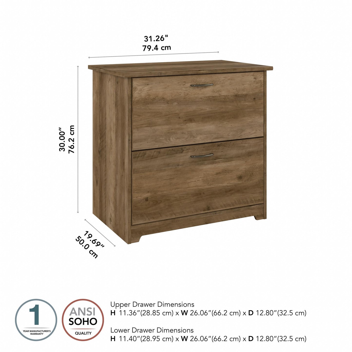 Bush Home Cabot 2 Drawer Lateral File Cabinet in Reclaimed Pine, Home Office Chest for Letter, Legal, and A4-size Document Storage