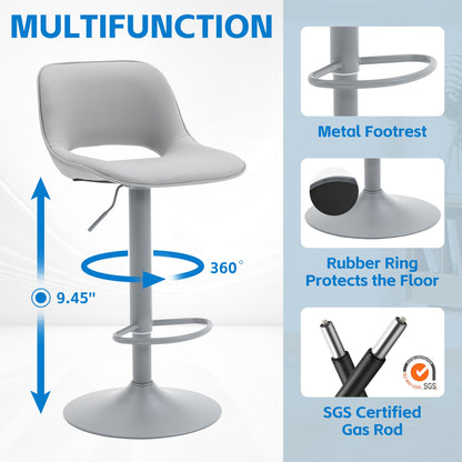 YOUNIKE Bar Stools Set of 2 All Grey Swivel Barstools, Compact Adjustable Counter Height Bar Stools Faux Leather Upholstered Counter Stools with Hollow Back for Kitchen Island