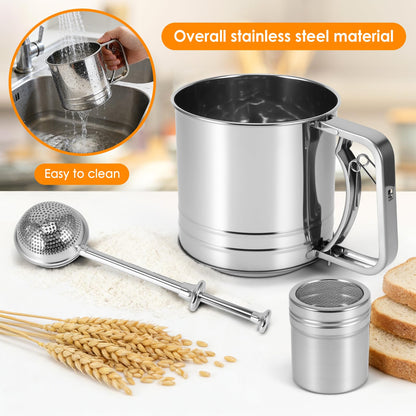 Flour Sifter for Baking, 3 in 1 Stainless Steel 3 Cup Flour Sieve Fine Mesh Sifter, Double-layer Squeeze Baking Sifter, Powdered Sugar Shaker Duster Set for Baking Cakes, Pastries, Cupcakes, Desserts