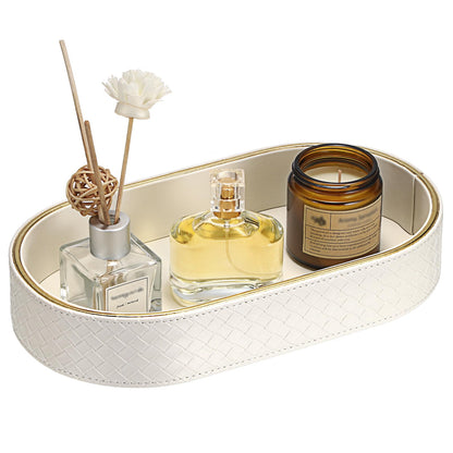 Hipiwe PU Leather Valet Tray with Gold Line Perfume Vanity Tray Catchall Tray for Jewelry Trinket Oval Bedside Nightstand Organizer for Home Decor, White
