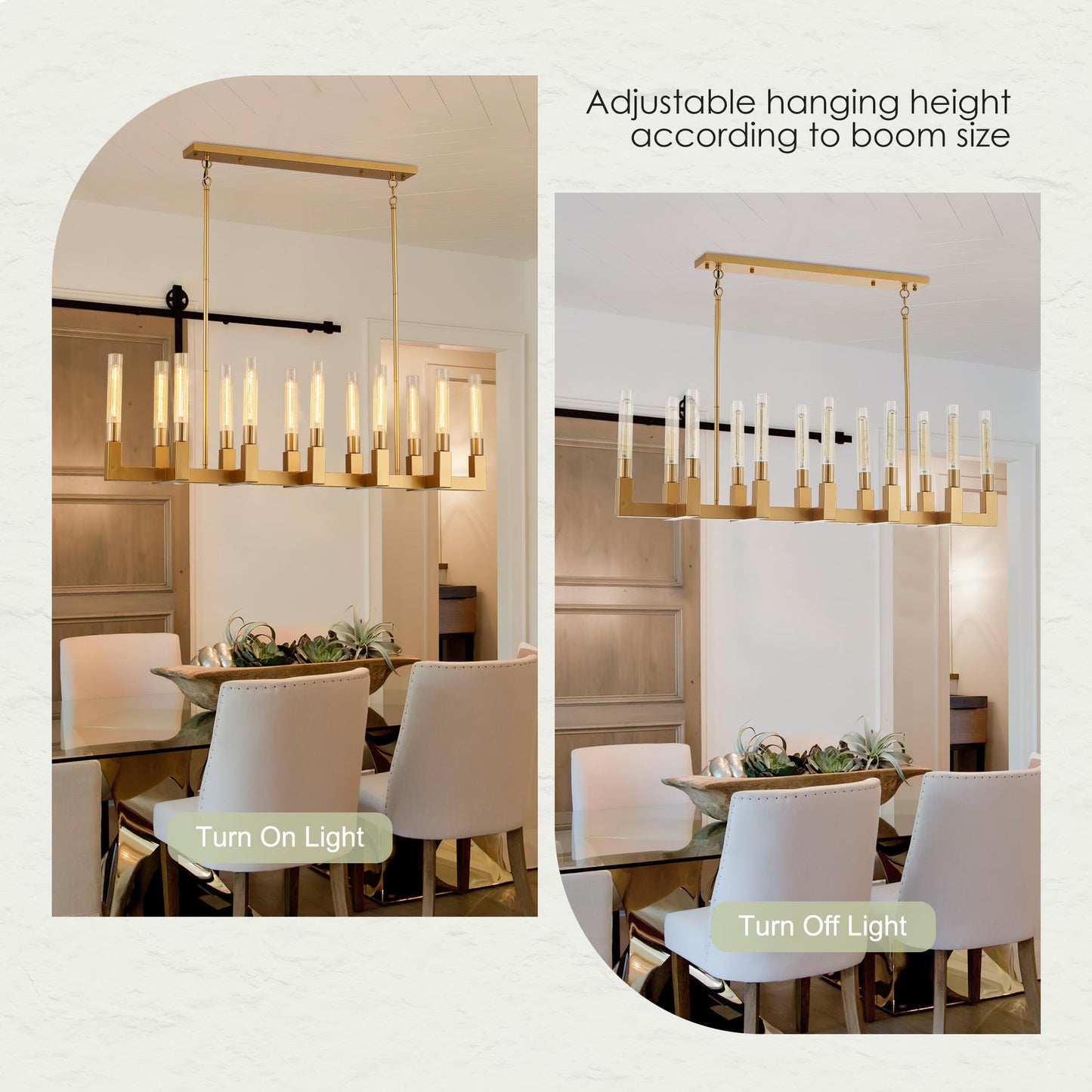 TACDANDM 54-inch Linear Dining Room Pendant Light Fixture with Glass Tube,Gold Rectangular 12-Lights Industrial Kitchen Island Lighting Over Table(Included E26 Bulbs)