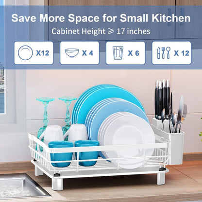 MOUKABAL Dish Drying Rack, Dish Rack, Stainless Steel Dish Racks for Kitchen Counter, Dish Drainer with Removable Utensil Holder, Drainboard (White,13''W x 17''L)