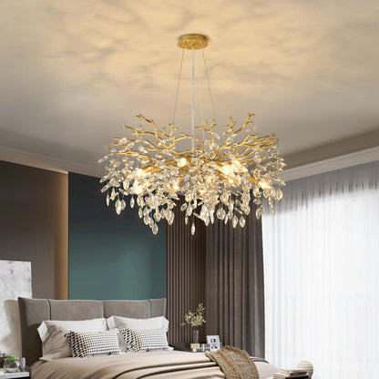 EGM Gold Tree Branch Crystal Chandelier, 32 Inch Modern Raindrop Crystal Ceiling Light Fixtures 10-Light(E12), Hanging Round Chandeliers for Dining Room Living Room Bedroom Foyer